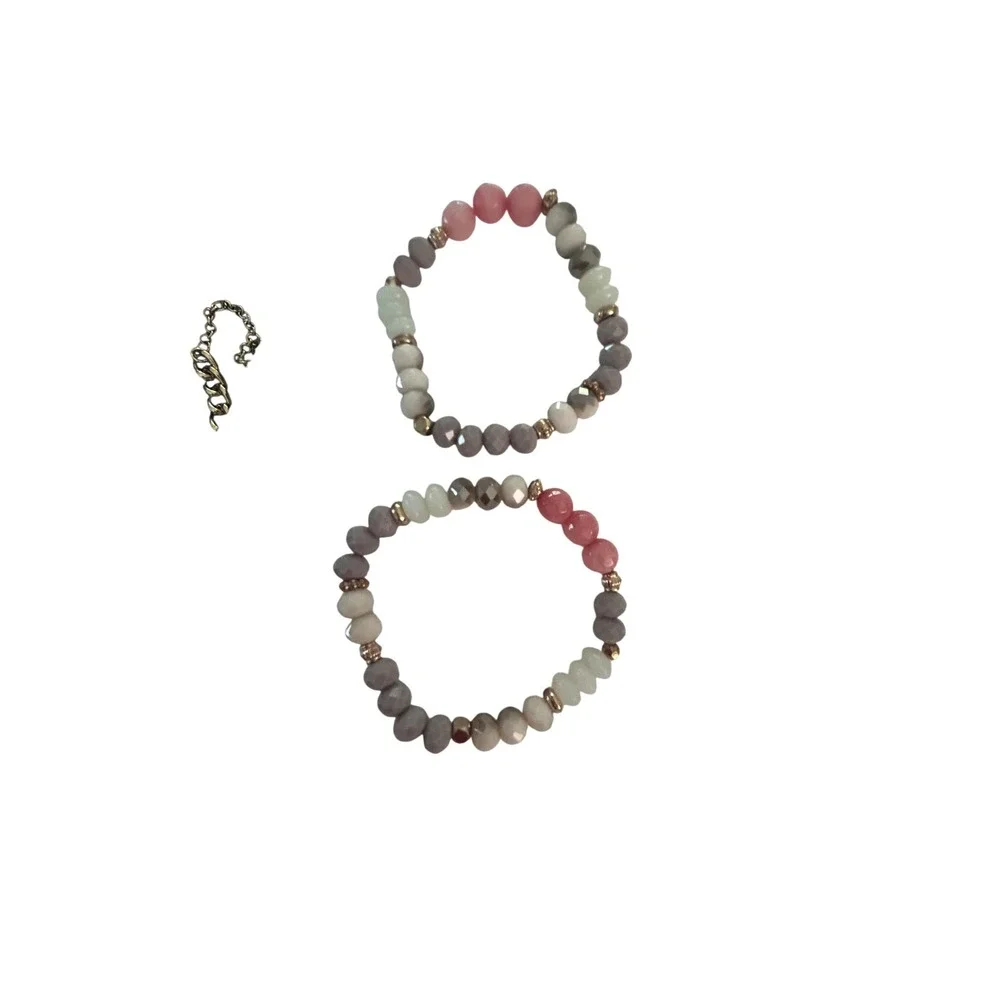 Pink Grey Cream Beaded Stretch Bracelet Set 2 Piece Stackable Boho‎ Jewelry